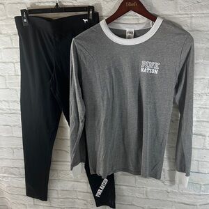 PINK Victoria's Secret Gray and White Top with Black Leggings